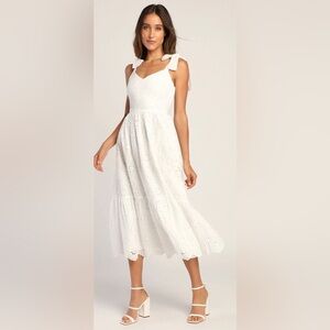Lulus Perfect Vacation White Eyelet Embroidery Tie-Strap Midi Dress